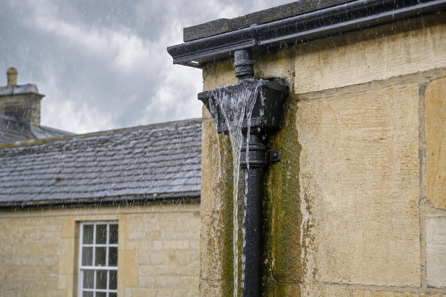 Rainwater spilling over the rim of a cast iron hopper head during a heavy downpour, staining the limestone wall beneath.