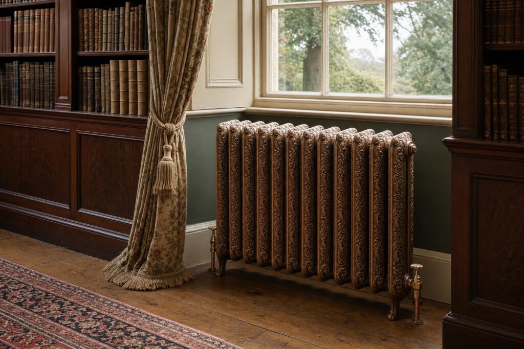 Powis Ornate Cast Iron Radiator – 838mm with scrolled relief in a period room.