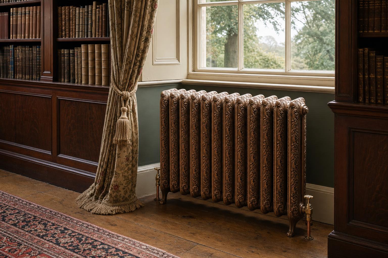 Powis Ornate Cast Iron Radiator – 838mm with scrolled relief in a period room.