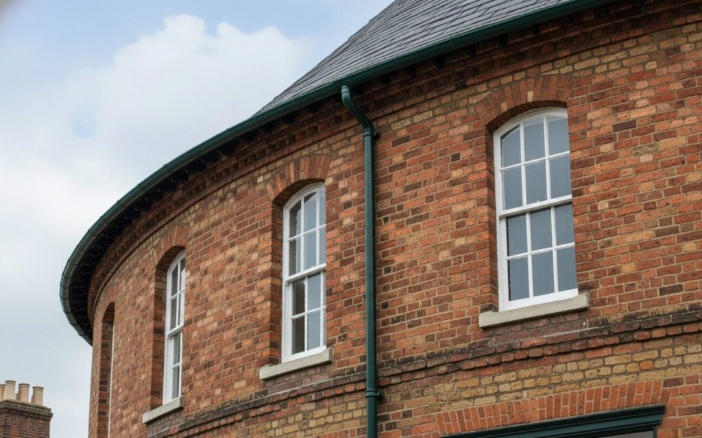 Radius cast iron gutter following the curve of a round brick tower