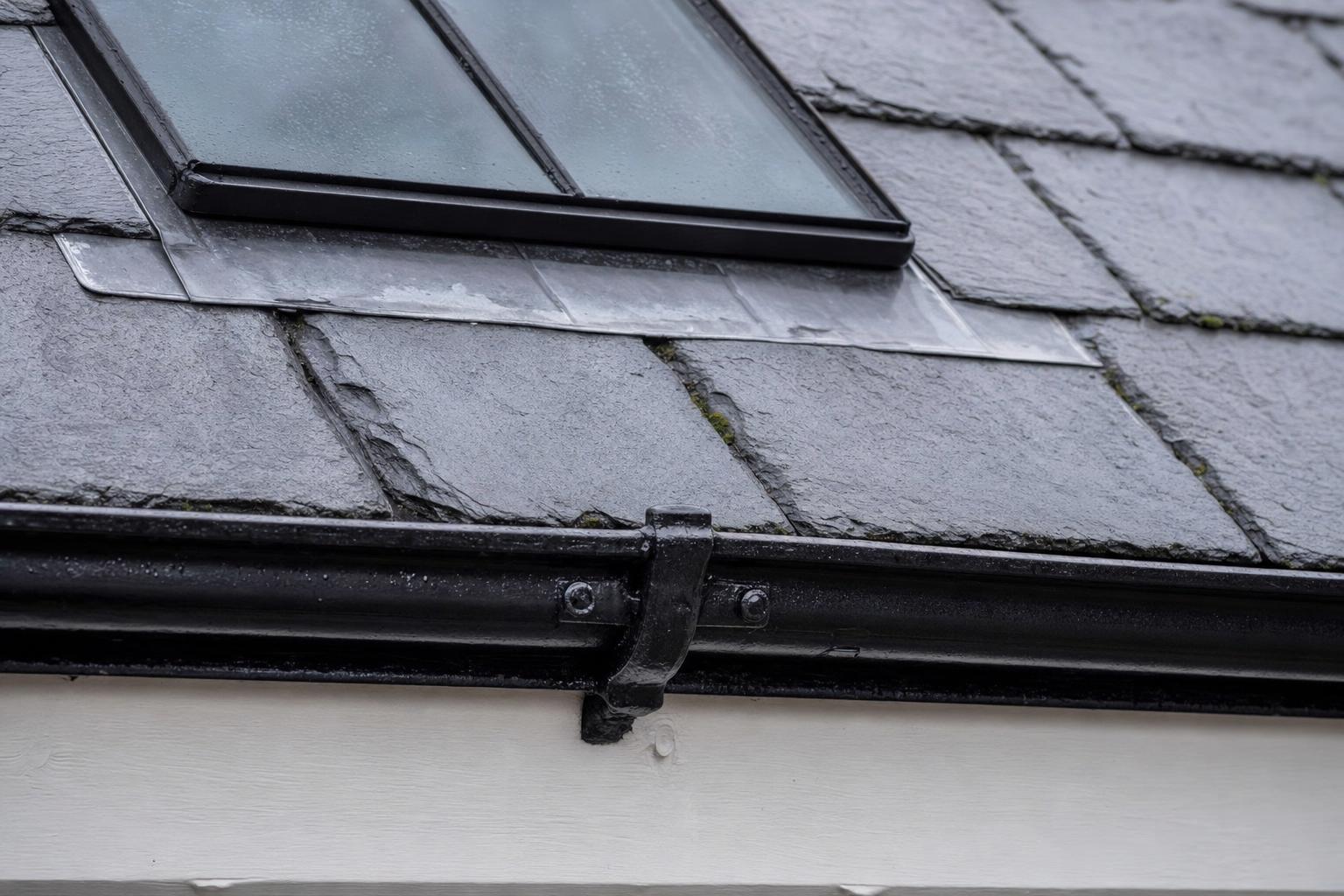 Close detail of a conservation rooflight low on a slate roof above a cast iron ogee gutter at the eaves.