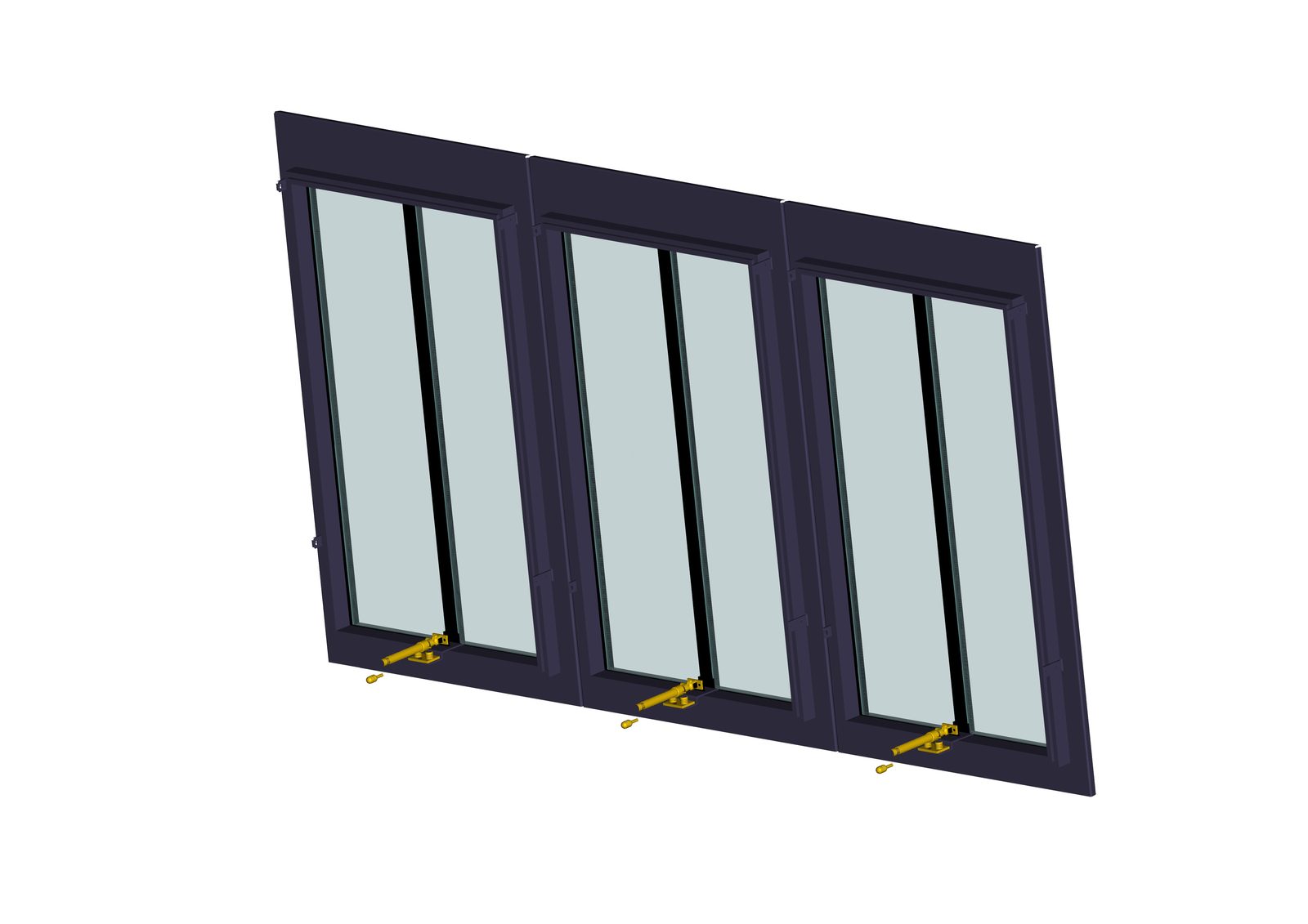 Three-dimensional drawing of a three-bay linked rooflight assembly with glazing bars and top-hung opening sashes