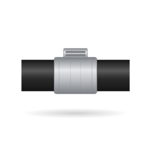 Illustration of a high pressure stainless steel coupling joining two cast iron pipes
