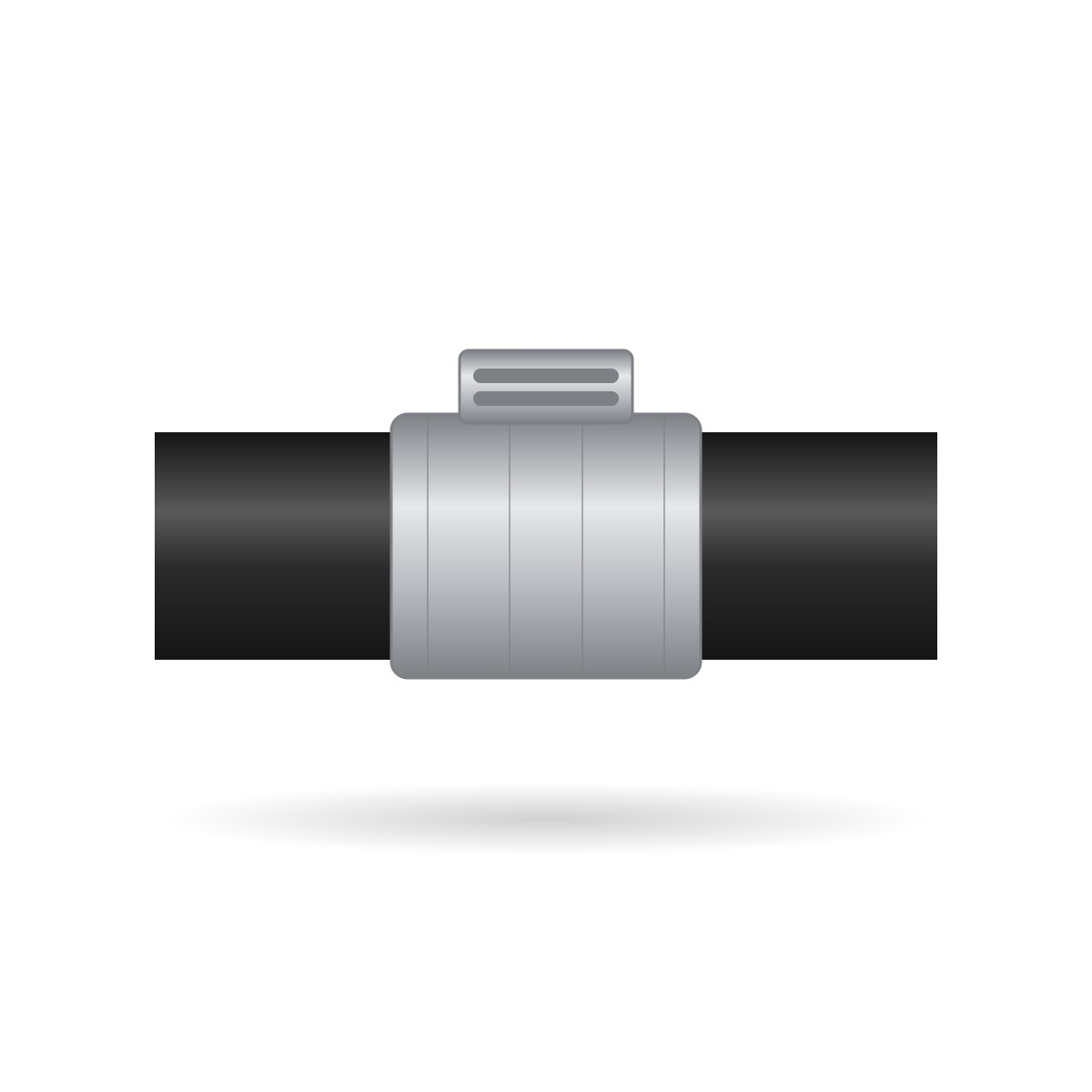 Illustration of a high pressure stainless steel coupling joining two cast iron pipes
