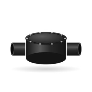 Illustration of a round cast iron inspection chamber with bolted cover