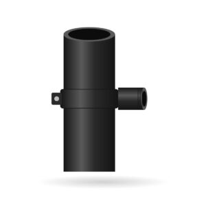 Illustration of a strap-on boss clamped to a cast iron soil pipe