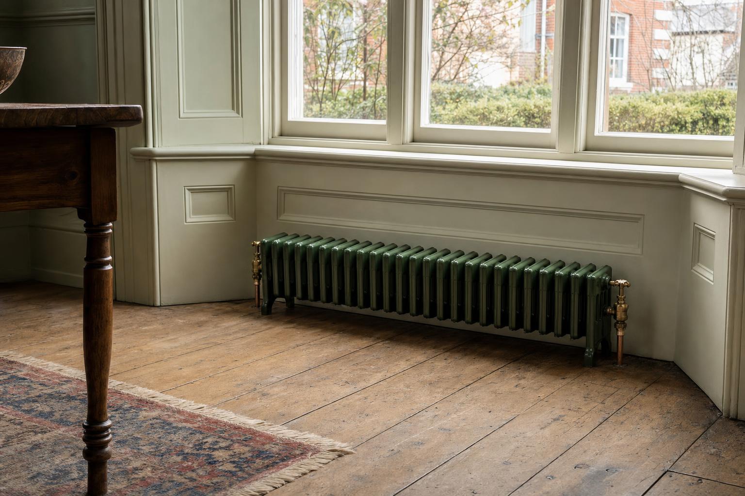 Victorian four-column cast iron radiator, 353mm high, factory painted, in a period room.