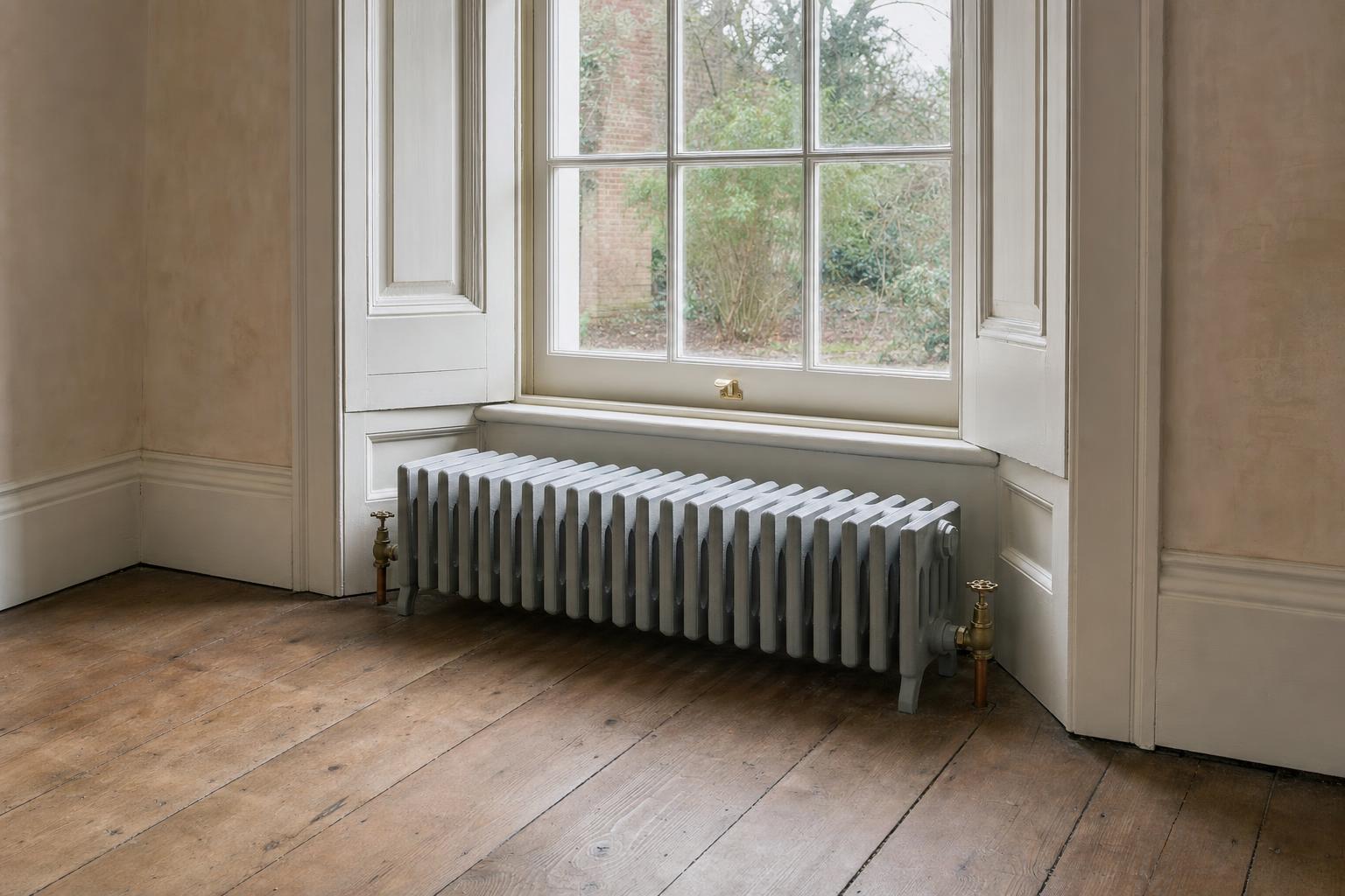 Victorian four-column cast iron radiator, 353mm high, in primer, in a period room.