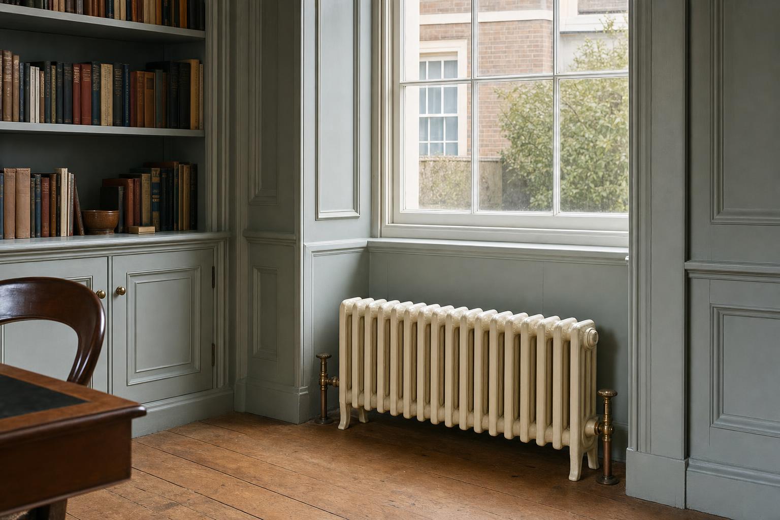 Victorian four-column cast iron radiator, 485mm high, factory painted, in a period room.