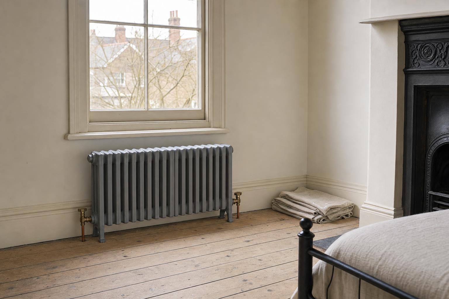 Victorian four-column cast iron radiator, 485mm high, in primer, in a period room.