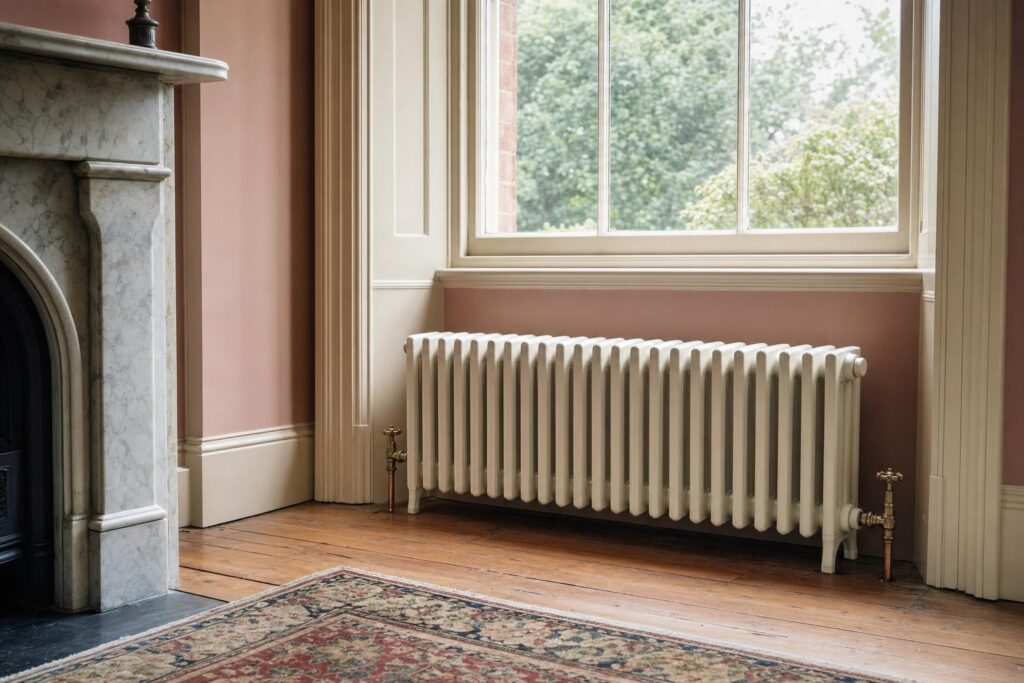 Victorian four-column cast iron radiator, 636mm high, factory painted, in a period room.