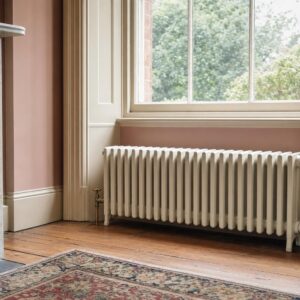 Victorian four-column cast iron radiator, 636mm high, factory painted, in a period room.