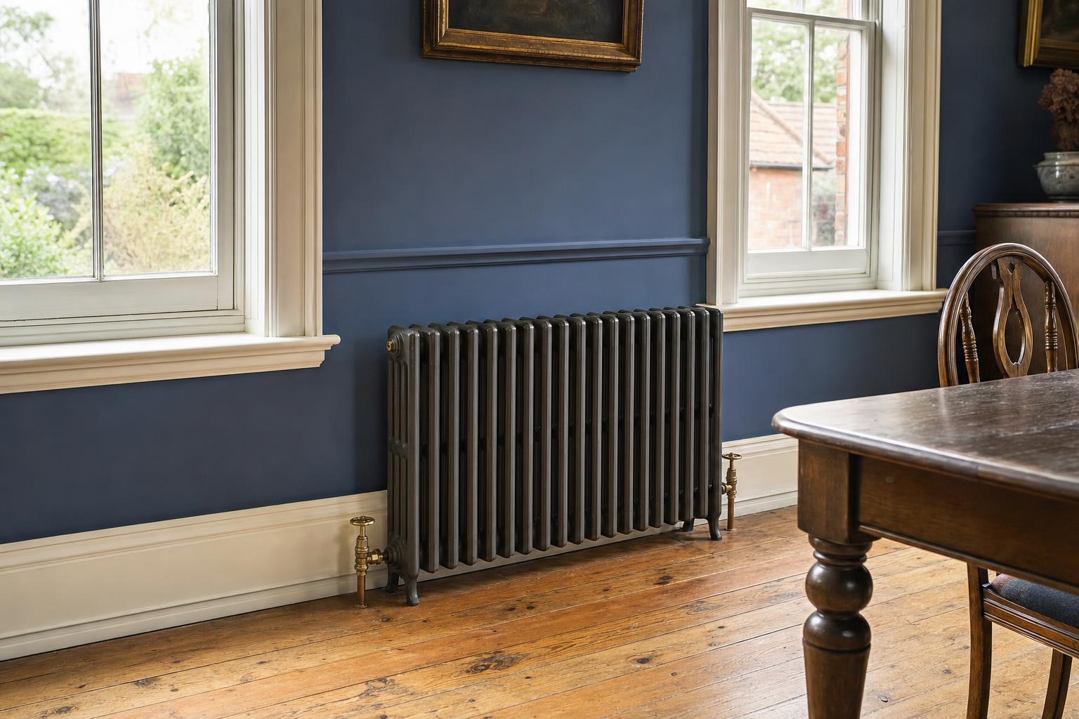 Victorian four-column cast iron radiator, 785mm high, factory painted, in a period room.