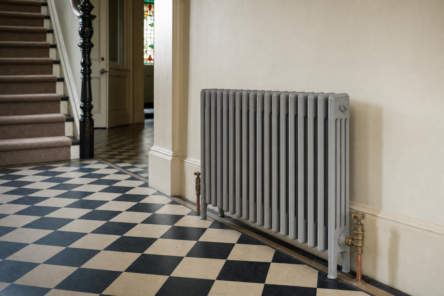 Victorian four-column cast iron radiator, 785mm high, in primer, in a period room.