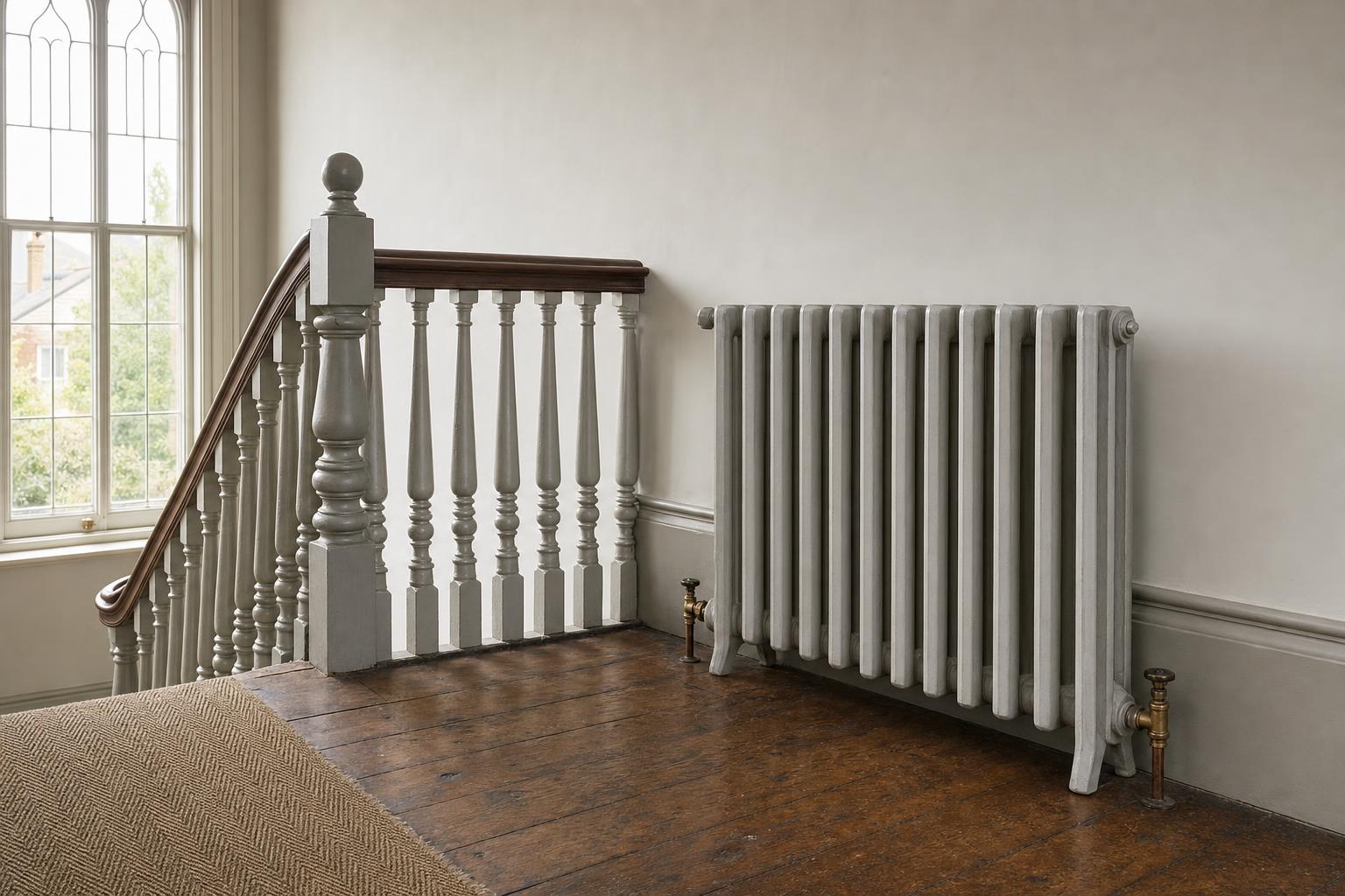 Victorian four-column cast iron radiator, 935mm high, in primer, in a period room.