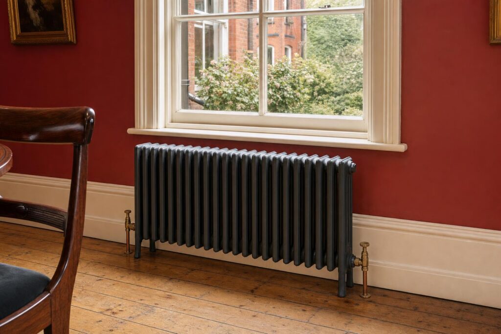 Victorian four-column cast iron radiator in dark anthracite under a sash window in a Victorian dining room.