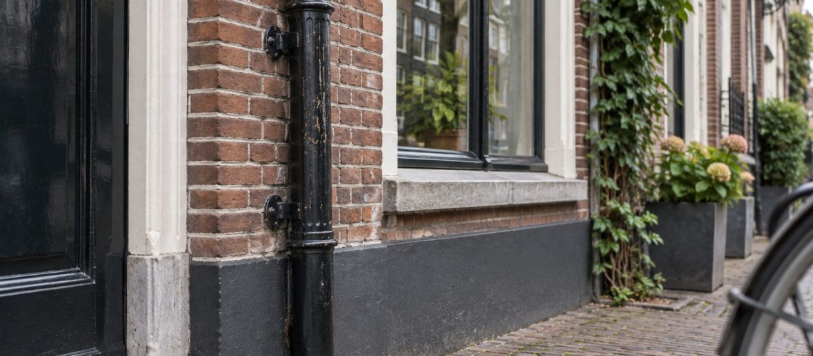 Plain round cast iron downpipe base section on a Dutch brick canal house