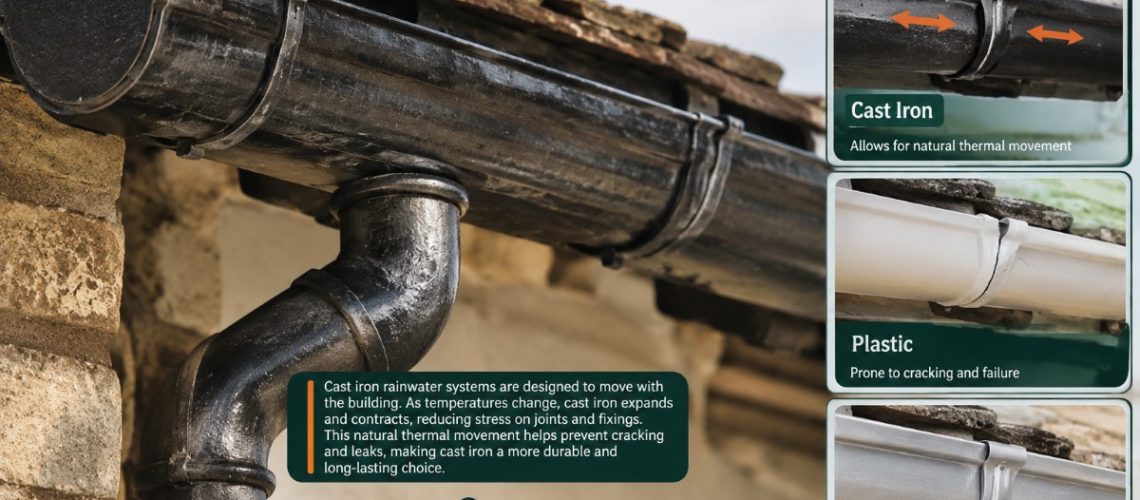 Image of cast iron gutter and description of the thermal movement in comparison to other metals and plastic rainwater systems.