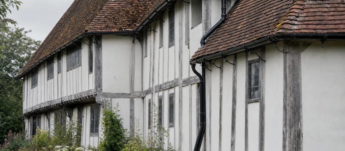 Black-painted cast iron beaded half-round gutter and round downpipe on a jettied Wealden hall house with peg-tile roof in the Kent Weald.