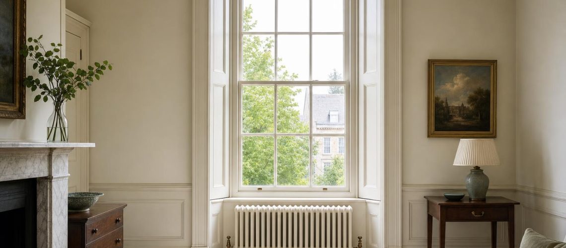 Plain cast iron column radiator painted to match the panelling beneath a tall Georgian sash window with folding shutters.