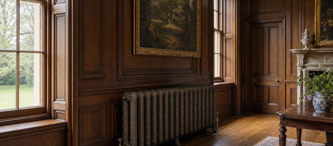 Ornate three-column cast iron radiator against oak panelling in the principal room of a listed country house.