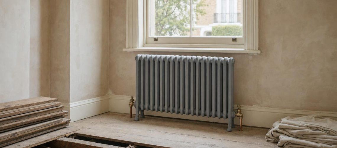 Primed cast iron column radiator standing in a period room under renovation, with floorboards lifted along a joist for new pipework.