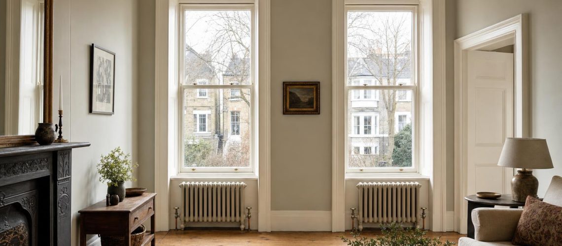 Two matching cast iron column radiators beneath a pair of sash windows in a high-ceilinged Victorian sitting room.