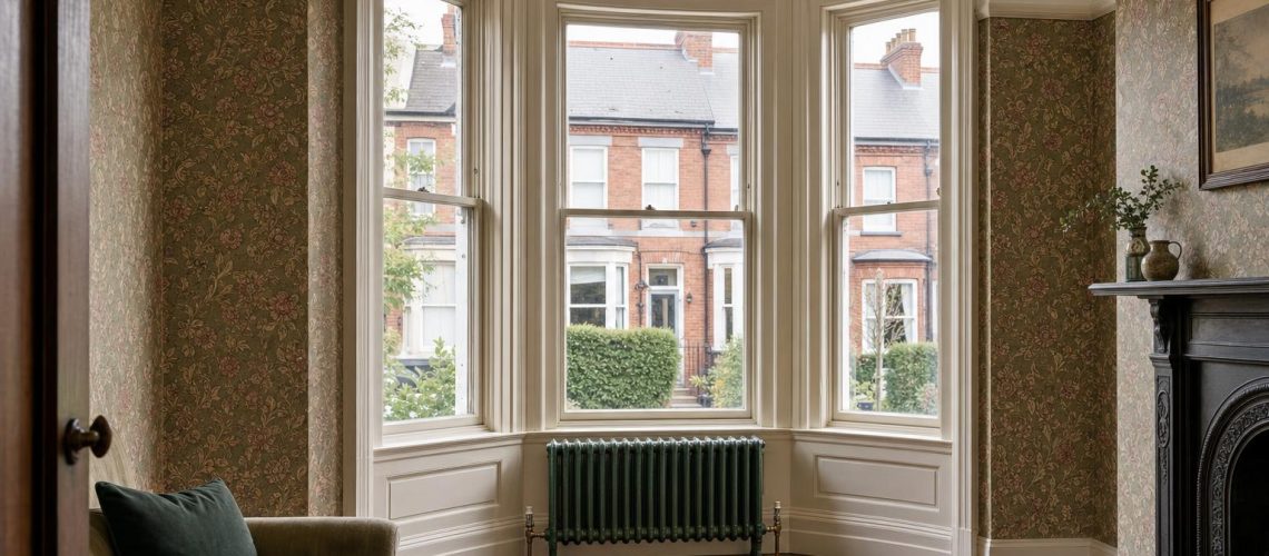 Low four-column cast iron radiator in the bay window of a Victorian terraced house parlour.