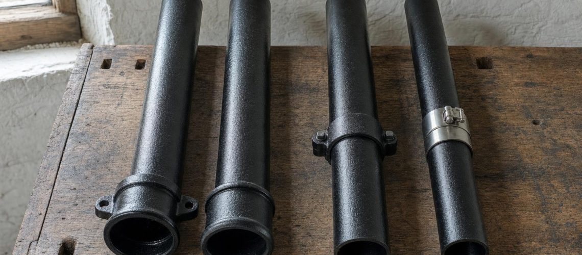 Four lengths of black cast iron soil pipe on a foundry workbench showing an eared socket, a plain socket, a bolted cast iron collar and a stainless steel band coupling