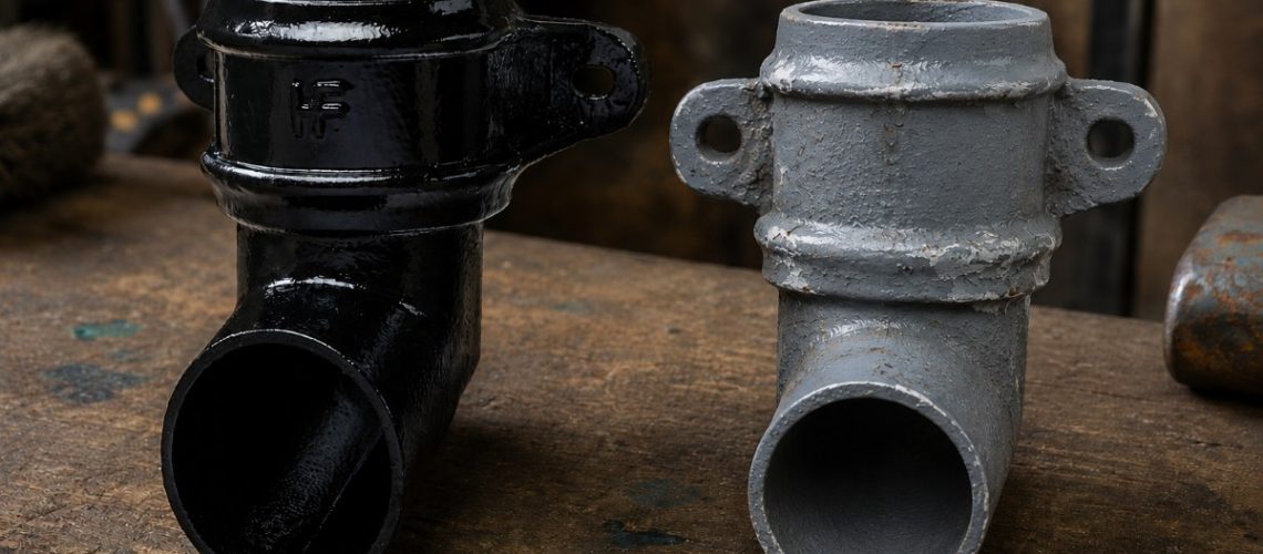 Two pipe shoes for cast iron downpipes. One is good quality and in a black paint finish. One is a very poor quality casting in a grey paint finish.