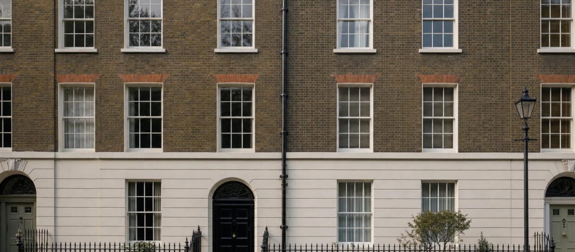 A Georgian terrace elevation with a continuous parapet hiding the roof, and cast iron rainwater heads below outlets in the parapet.