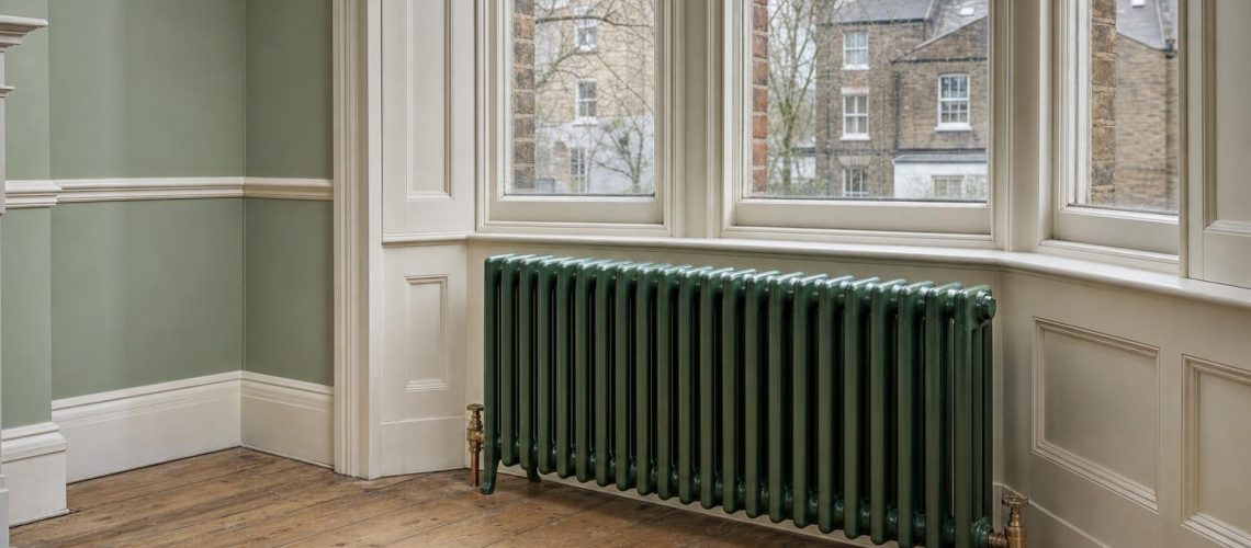 Floor-standing cast iron column radiator in the bay window of a Victorian sitting room below a low window board.