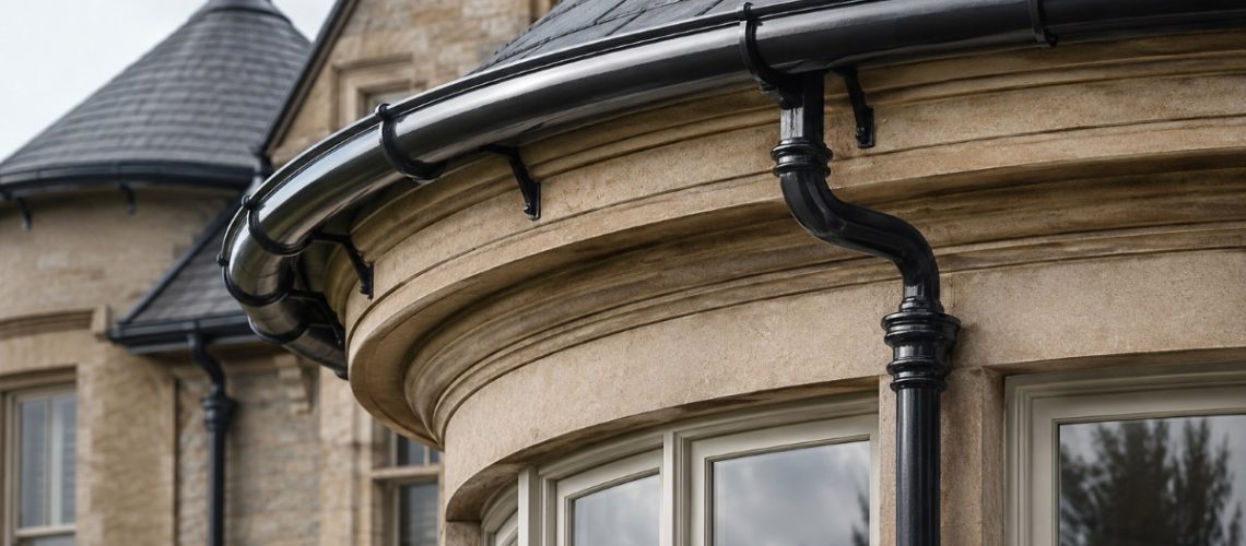 A bay window in Scotland showing a curved radius cast iron gutter and downpipe.