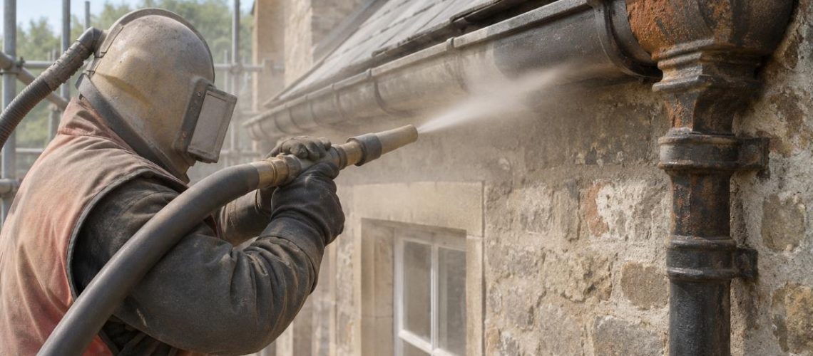 Sandblasting cast-iron gutters.